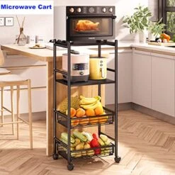 Microwave Stand Cart With Storage, 4 Tier Metal Kitchen Rolling Cart, Fruit And Vegetable Basket On Wheels, Standing Baker's Rack Coffee Station Organizer Shelf, Black