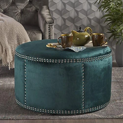 Christopher Knight Home Jaewon Studded Velvet Ottoman, Teal / Black 7 Christopher Knight Home Jaewon Studded Velvet Ottoman, Teal / Black - Image 7