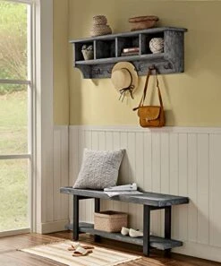 Alaterre Furniture Pomona 48" Tool & Garage Storage Coat Hook With Bench & 4 Cubbies, Solid Pine Wood With Slate Gray Finish, Perfect Entryway, Hall Or Laundry Room Accent Furniture