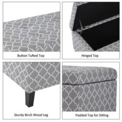 HOMCOM Large 42" Tufted Linen Fabric Upholstery Storage Ottoman Bench With Lift-top For Living Room, Entryway, Or Bedroom - Grey Lattice -Safavieh Furniture 51Al60IiAHL