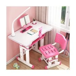 OLOTU Height Adjustable Kids Desk And Chair Set, Writing Table With Tilt Desktop & LED Light & Storage Drawer, Study Desk For Boys Girls