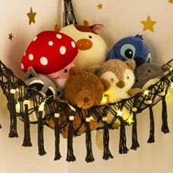 Stuffed Animal Net Or Hammock - Hanging Stuffed Animal Hammock Storage - Toy Hammock Holder Boho Wall Corner Hammock Organizer Inc LED Light And Hooks, Black