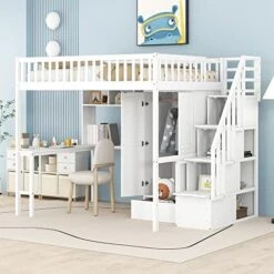 Twin Loft Bed With Stairs, Kids Low Loft Bed With Desk And Storage, Girls Boys Loft Bed Twin Size, Grey -Safavieh Furniture 51ArPICY3ML. AC