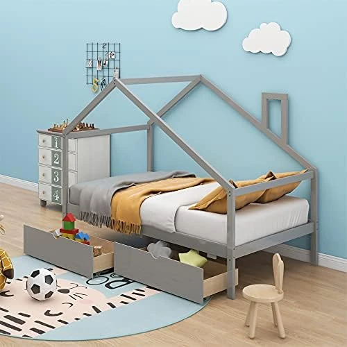 House Bed With Trundle, Twin House Bed For Kids, Wooden Platform Bed Frame With Headboard And Roof, For Girls Boys (Twin Size, White) 10 House Bed With Trundle, Twin House Bed For Kids, Wooden Platform Bed Frame With Headboard And Roof, For Girls Boys (Twin Size, White) - Image 10