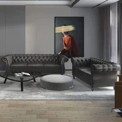 MIYZEAL 2 Pieces Living Room Sectional Sofa Set, Modern Velvet Button Tufted Chesterfield Sofa With Rolled Arm, Classic Upholstered Low Back Loveseat 3 Seater Couch For Living Room (Gray) -Safavieh Furniture 51AxgfM7MSL. AC