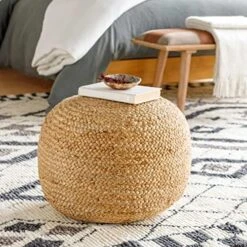 Kaumakani Natural Wicker Jute Round Pouf - Ottoman Style Braided Woven Foot Stool - Natural Fiber Round Cylinder Ottoman - 100% Polybead Fill - Beige, Brown- 19.75" X 16 -Safavieh Furniture 51AzAnx1dL. AC
