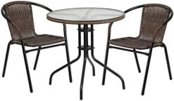 Flash Furniture Lila 28'' Square Glass Metal Table With Dark Brown Rattan Edging And 2 Dark Brown Rattan Stack Chairs -Safavieh Furniture 51B4BirHmsL. AC