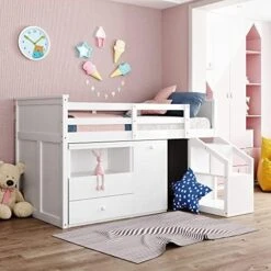 Twin Loft Bed With Stairs, Kids Low Loft Bed With Desk And Storage, Girls Boys Loft Bed Twin Size, Grey -Safavieh Furniture 51B6LVvsaL. AC