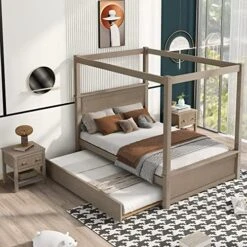3-Piece Bedroom Set, Solid Wood Bedroom Set, Full Size Canopy Platform Bed With Trundle Bed And 2 Nightstands, Light Brown 20 3-Piece Bedroom Set, Solid Wood Bedroom Set, Full Size Canopy Platform Bed With Trundle Bed And 2 Nightstands, Light Brown -Safavieh Furniture 51BKxVaxnSL. AC