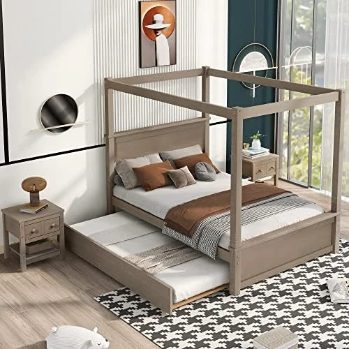 3-Piece Bedroom Set, Solid Wood Bedroom Set, Full Size Canopy Platform Bed With Trundle Bed And 2 Nightstands, Light Brown 9 3-Piece Bedroom Set, Solid Wood Bedroom Set, Full Size Canopy Platform Bed With Trundle Bed And 2 Nightstands, Light Brown - Image 9