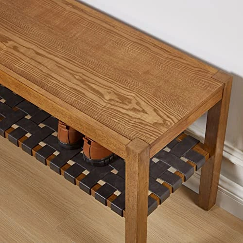Ball & Cast Entryway Storage Bench Wood Frame Shoe Bench With Faux Leather Woven Shelf, 48 Inch Natural 3 Ball & Cast Entryway Storage Bench Wood Frame Shoe Bench With Faux Leather Woven Shelf, 48 Inch Natural - Image 3