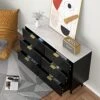 ANBUY Black 6 Drawer Double Dresser For Bedroom, Dual Chest Of Drawers Modern Dresser For Bedroom With Gold Handles Imitation Marble Texture (Black)