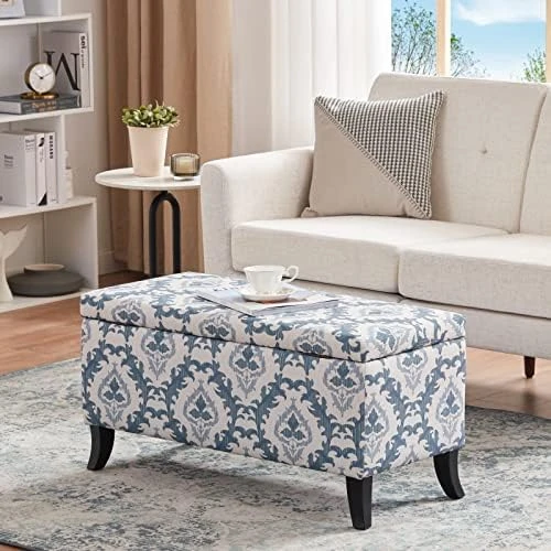 HUIMO Storage Ottoman, 35" Ottoman With Storage For Living Room, Script Printed Linen Upholstered Fabric Ottoman Foot Rest, Ottoman Bench For Bedroom End Of Bed, Entryway, Window Bench(Blue Flower) 8 HUIMO Storage Ottoman, 35" Ottoman With Storage For Living Room, Script Printed Linen Upholstered Fabric Ottoman Foot Rest, Ottoman Bench For Bedroom End Of Bed, Entryway, Window Bench(Blue Flower) - Image 8