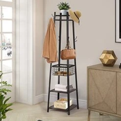 VECELO Coat Rack Freestanding, Entryway Clothes Stand With Metal Basket And 2 Shelves, Upgrade Hall Trees With 8 Dual Hooks For Bags, Hats, And Umbrellas, Industrial Styles, Vintage Brown+ Black -Safavieh Furniture 51BnGylNEpS