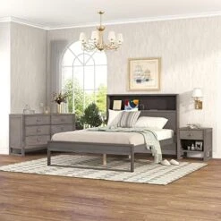 Antique Gray 3 Pieces Furniture Size Bedroom Frame With USB Charging And Wood Slatt, Dresser, Night Stand, Easy Assemble, Bed Set-Queen -Safavieh Furniture 51Boj0m4cCL. AC