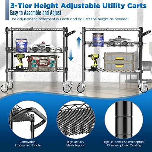 Leteuke Heavy Duty 3 Tier Rolling Utility Cart,NSF Certified 990Lbs Capacity Rolling Carts With Wheels,Commercial Grade Metal Cart With Handle Bar & Shelf Liner,Trolley Serving Cart For Kitchen, Black 3 Leteuke Heavy Duty 3 Tier Rolling Utility Cart,NSF Certified 990Lbs Capacity Rolling Carts With Wheels,Commercial Grade Metal Cart With Handle Bar & Shelf Liner,Trolley Serving Cart For Kitchen, Black - Image 3