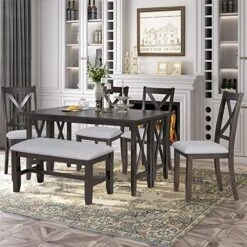 Merax 7-Piece Farmhouse Rustic Wooden Dining Set, Rectangular Table With 6 Padded Chairs, Gray 28 Merax 7-Piece Farmhouse Rustic Wooden Dining Set, Rectangular Table With 6 Padded Chairs, Gray -Safavieh Furniture 51BzswIgbZL. AC
