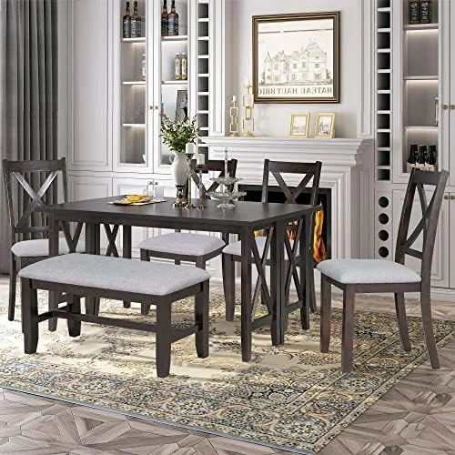 Merax 7-Piece Farmhouse Rustic Wooden Dining Set, Rectangular Table With 6 Padded Chairs, Gray 14 Merax 7-Piece Farmhouse Rustic Wooden Dining Set, Rectangular Table With 6 Padded Chairs, Gray - Image 14