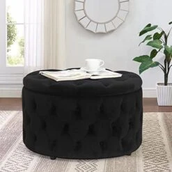 Homebeez Round Velvet Storage Ottoman, Button Tufted Footrest Stool Coffee Table For Living Room (Grey) -Safavieh Furniture 51C6JF21gmL. AC