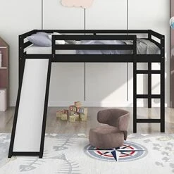 Harper & Bright Designs Kids Loft Bed With Slide, Twin Size Wooden Low Loft Bed Frame With Two Storage Boxes For Boys & Girls, Natrual -Safavieh Furniture 51C9KBP7qSL. AC