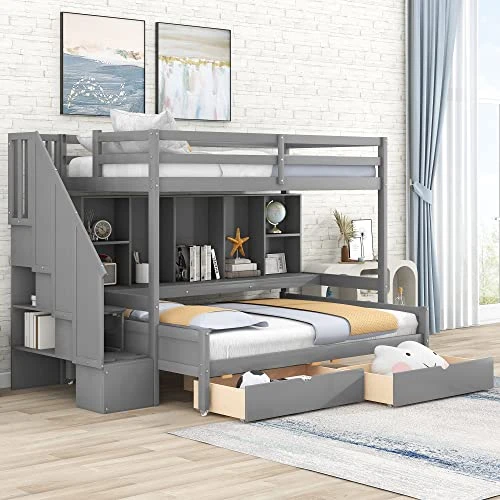 Harper & Bright Designs Twin XL Over Full Bunk Bed Frame With Built-in Storage Shelves For Kids Boys Girls, Drawers And Staircase,Gray 3 Harper & Bright Designs Twin XL Over Full Bunk Bed Frame With Built-in Storage Shelves For Kids Boys Girls, Drawers And Staircase,Gray - Image 3