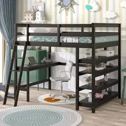 TooTcps Full Size Loft Bed, Solid Wood Full Size Loft Bed Frame With Desk And Shelves, Ladder, Guardrails For Girls Boys Bedrooms (Espresso)