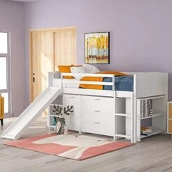 Harper & Bright Designs Kids Loft Bed With Slide, Twin Size Wooden Low Loft Bed Frame With Two Storage Boxes For Boys & Girls, Natrual -Safavieh Furniture 51CKgXHARUL. AC