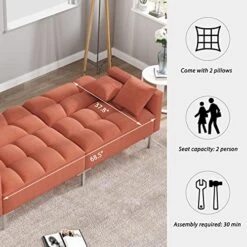 Merax Linen Upholstered Modern Convertible Folding Futon Sofa Bed With 2 Pillows And Metal Frame, For Compact Living Space, Apartment, Dorm, Orange -Safavieh Furniture 51CNO3DckEL
