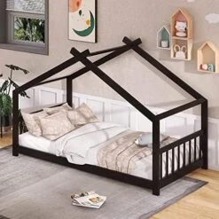 Twin House Bed, Floor Bed, Tent Bed, Wood Bed Frame With Roof For Toddlers Kids Boys Girls Teens, Box Spring Needed, Espresso -Safavieh Furniture 51CPhaO0NzL. AC 1