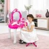 Vanity Set For Little Girls, Kids Vanity Table And Chair Set Princess Makeup Dressing Table With Drawer Folding With Mirror And Stool Beauty Makeup Vanity Kitchen Set For Toddlers, Pink
