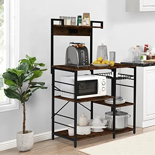 Kinbor Bakers Rack With Power Outlet - Microwave Stand, Coffee Bar, Kitchen Storage Shelves W/Wire Basket, 6 S-Hooks For Spice, Pots And Pans Organizer, Rustic Brown And Black 2 Kinbor Bakers Rack With Power Outlet - Microwave Stand, Coffee Bar, Kitchen Storage Shelves W/Wire Basket, 6 S-Hooks For Spice, Pots And Pans Organizer, Rustic Brown And Black - Image 2