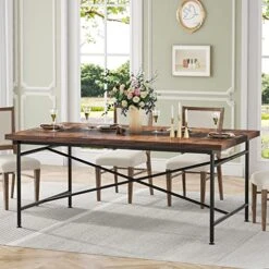 Tribesigns Dining Table Kitchen Table For 6, Industrial Rectangular Wood Table With Steel Legs Metal Frame, Farmhouse Kitchen Table For Dining Room, Home Furniture (Rustic Brown & Black)
