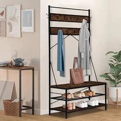 Kinbor 3-In-1 Entryway Coat Rack, Hall Tree With Storage Bench Shoe Rack And Coat Racks, Industrial Wood Look Accent Furniture With Metal Frame, 9 Hooks For Garment Coats Hats Keys Umbrella Rack