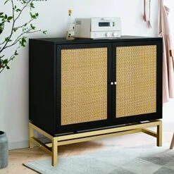 Pvillez Modern Storage Cabinet With Natural Rattan Doors, Sideboard Buffet Cabinet With Storage, Adjustable Shelves, Rattan Cabinet Console Table For Living Room, Dining Room, Entryway, White -Safavieh Furniture 51Ccs5qxDsL. AC