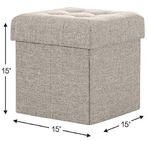 Ornavo Home Foldable Tufted Linen Storage Ottoman Square Cube Foot Rest Stool/Seat - 15" X 15" X 15" (Beige) 3 Ornavo Home Foldable Tufted Linen Storage Ottoman Square Cube Foot Rest Stool/Seat - 15" X 15" X 15" (Beige) - Image 3