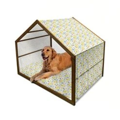 Ambesonne Watercolor Wooden Dog House, Handmade Paintings Of Flowers Scene, Indoor & Outdoor Portable Dog Kennel With Pillow & Cover, 2X-Large, Pastel Yellow Blue Grey