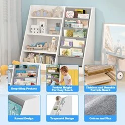 White 4 Tier Kids Wooden Bookshelf, Five Layer Sling Bookcase, Kids Storage Book Rack, Book And Toy Organizer Cabinet, Book Display, For Playroom, Bedroom, Study Living Room, Nursery,Classroom -Safavieh Furniture 51CoievjAjL