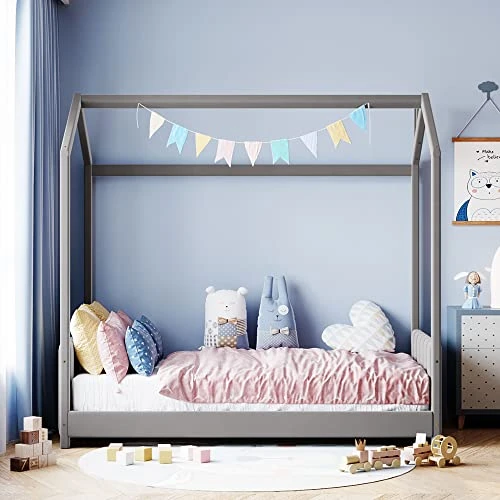 DEINPPA Twin Size Velvet Fabric Upholstered Tufted Headboard And Footboard, Kids House Bed Frame With Roof Design, For Kids Boys Girls-Gray 2 DEINPPA Twin Size Velvet Fabric Upholstered Tufted Headboard And Footboard, Kids House Bed Frame With Roof Design, For Kids Boys Girls-Gray - Image 2