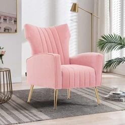Altrobene Velvet Accent Chair Modern Wingback Comfy Chair Tufted Reading Armchair With Gold Legs For Living Room/Bedroom, Light Pink -Safavieh Furniture 51CwFgivwtL. AC
