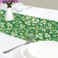 Exnundod St Patrick Shamrock Lucky Table Runner 90 Inches Green Cirrus Clovers Spring Runner For Spring Dining Table Kitchen Holiday Home Seasonal Decor