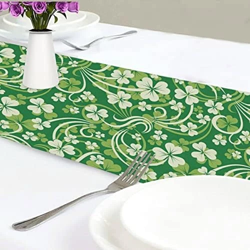 Exnundod St Patrick Shamrock Lucky Table Runner 90 Inches Green Cirrus Clovers Spring Runner For Spring Dining Table Kitchen Holiday Home Seasonal Decor 12 Exnundod St Patrick Shamrock Lucky Table Runner 90 Inches Green Cirrus Clovers Spring Runner For Spring Dining Table Kitchen Holiday Home Seasonal Decor - Image 12