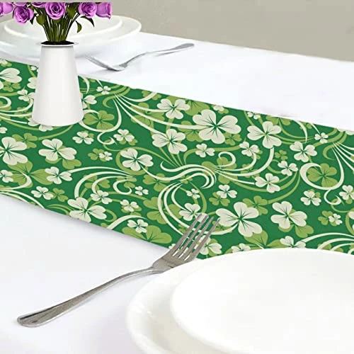 Exnundod St Patrick Shamrock Lucky Table Runner 90 Inches Green Cirrus Clovers Spring Runner For Spring Dining Table Kitchen Holiday Home Seasonal Decor 1 Exnundod St Patrick Shamrock Lucky Table Runner 90 Inches Green Cirrus Clovers Spring Runner For Spring Dining Table Kitchen Holiday Home Seasonal Decor