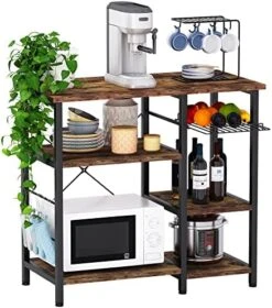 Mr IRONSTONE Bakers Rack, 35.5" Coffee Bar, 10 Hooks Microwave Stand With Wire Basket, 3-Tier Kitchen Storage Shelf, Kitchen Stand For Spice Rack Organizer Workstation, White Oak -Safavieh Furniture 51D yir31wL. AC