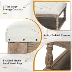 HULALA HOME Large Square Ottoman Coffee Table For Living Room, Button Tufted Cocktail Ottoman With Shelf & Solid Wood Legs, Upholstered Farmhouse Footrest Stool, Beige -Safavieh Furniture 51D5nqsCMUL