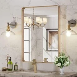LOAAO Black Metal Framed Bathroom Mirror For Wall, 22X30 Inch Rounded Rectangle Mirror, Matte Black Bathroom Vanity Mirror Farmhouse, Anti-Rust, Tempered Glass, Hangs Horizontally Or Vertically -Safavieh Furniture 51D5tUA1MoL. AC