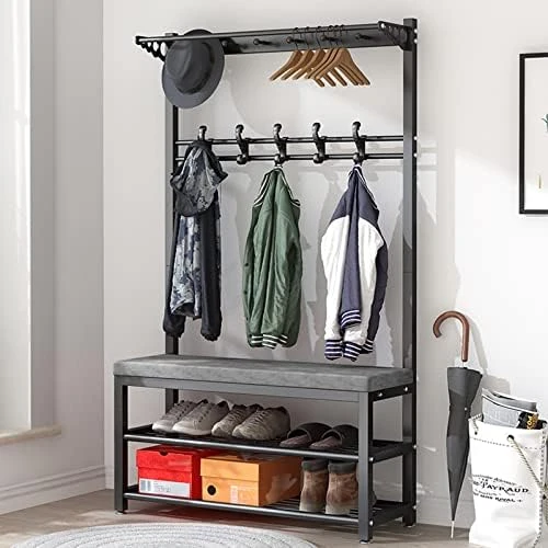 Entryway Bench With Coat Rack, Hall Tree With Bench And Shoe Storage, 2-Tier Storage Shelf And 7 Hooks Removable, Industrial Accent Furniture With Steel Frame ( Metal : White , Size : 31.5"W X 13"D X 8 Entryway Bench With Coat Rack, Hall Tree With Bench And Shoe Storage, 2-Tier Storage Shelf And 7 Hooks Removable, Industrial Accent Furniture With Steel Frame ( Metal : White , Size : 31.5"W X 13"D X - Image 8