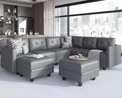 LLappuil Modular Sectional Sofa With Storage, Faux Leather Fabric 7 Seater Modular Sofa With Reversible Chaise, 112 Inch Convertible U Shape Sectional Couch With Ottomans, Aqua Blue -Safavieh Furniture 51DEs7Rz2VL. AC