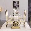 ACEDÉCOR 7 Piece Dining Table Set, Gold Kitchen And Dining Room Sets For 6, Metal Circling Base Dining Table In White Gold, White Leather Upholstered Dining Chairs With Gold Stainless Steel Legs