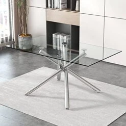 63 Inch Glass Dining Table With Clear Rectangular Glass Top, 4 Chrome Golden Legs Modern Rectangular Glass Kitchen Table Furniture For Home Office Kitchen Dining Room, 4-6 People -Safavieh Furniture 51DNMhhwwtL. AC