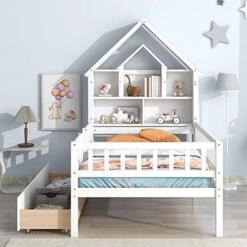 Twin Bed Frame With Storage Drawers, House Twin Platform Bed With Bookcase Headboard, Twin Low Loft Bed With Fence For Kids, Girls, Boys, Teens, No Box Spring Needed (White) -Safavieh Furniture 51DPrD0NhzL 1